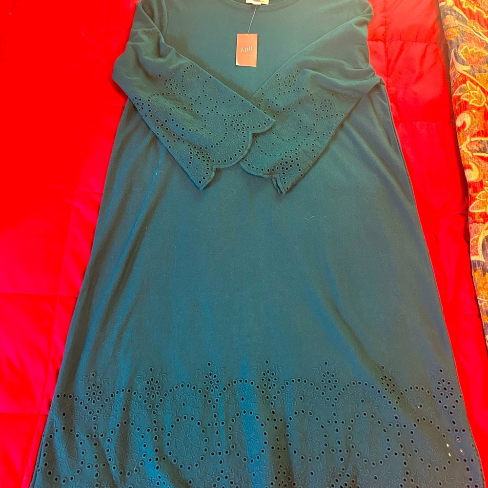 Jjill small knit 3/4 sleeve dress with eyelet sleeves and hem/pacific blue-green
